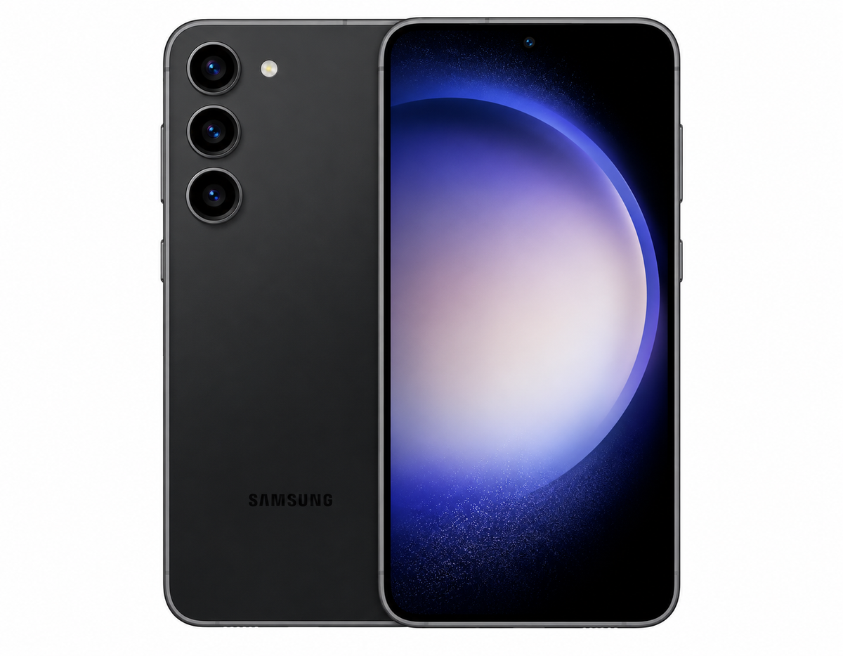 Black Samsung Galaxy S23 5G smartphone showing front display and rear triple cameras