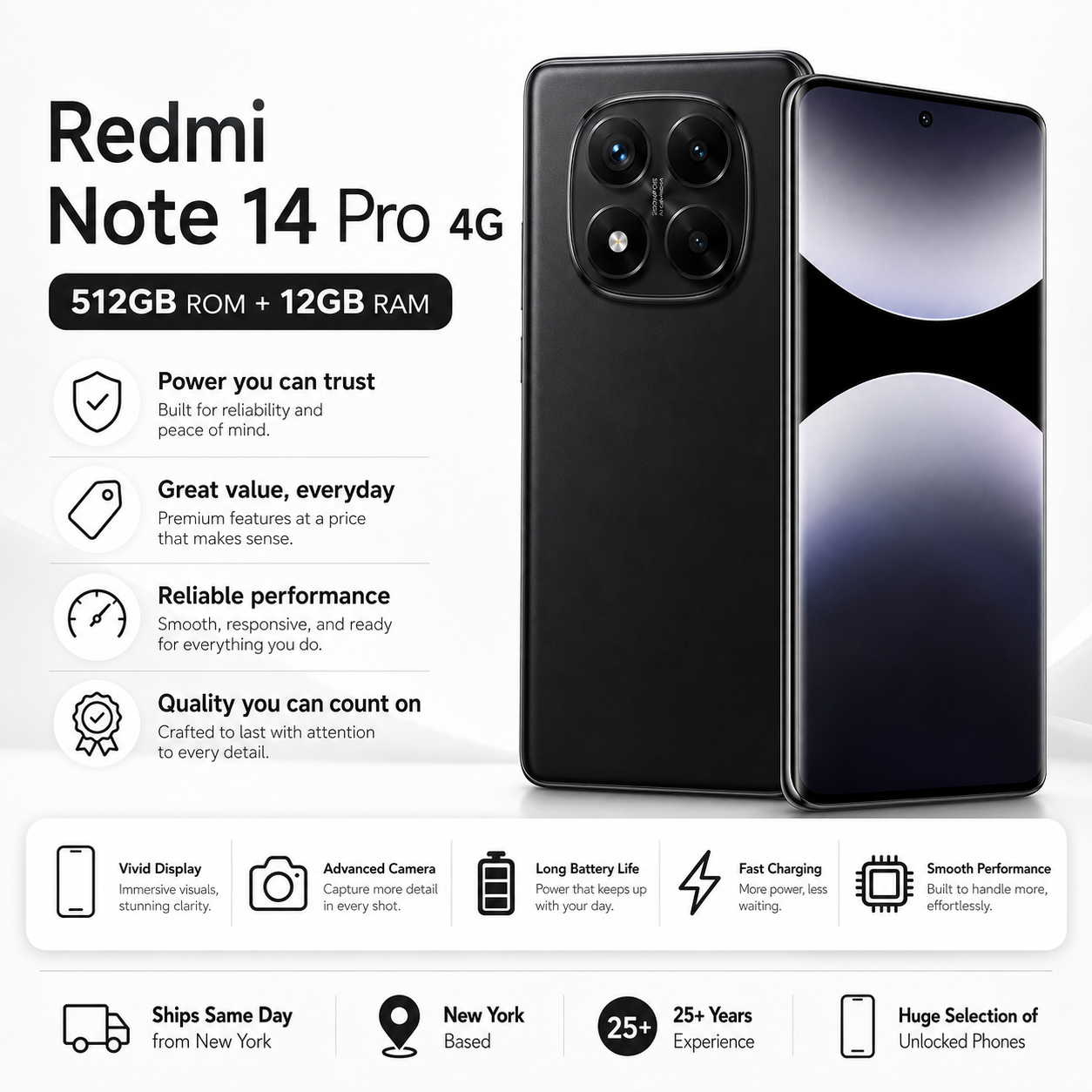 Xiaomi Redmi Note 14 Pro 4G 512GB ROM 12GB RAM Dual SIM GSM Unlocked - Midnight Black