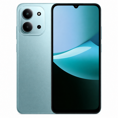 Light green smartphone showing dual rear camera lenses and edge-to-edge front display