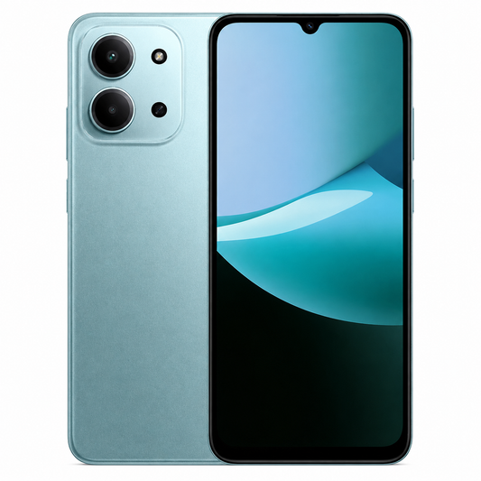 Light green smartphone showing dual rear camera lenses and edge-to-edge front display