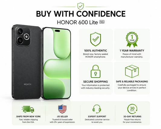 HONOR 600 Lite 5G Black and green smartphone with warranty and shopping badges