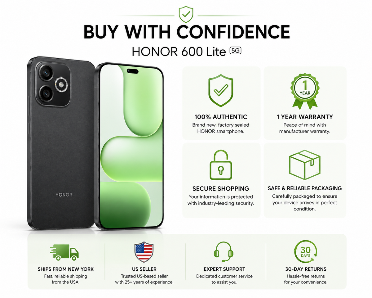 HONOR 600 Lite 5G Black and green smartphone with warranty and shopping badges