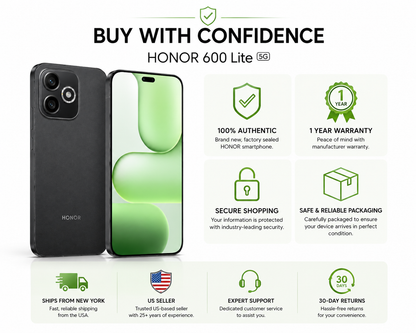 HONOR 600 Lite 5G Black and green smartphone with warranty and shopping badges