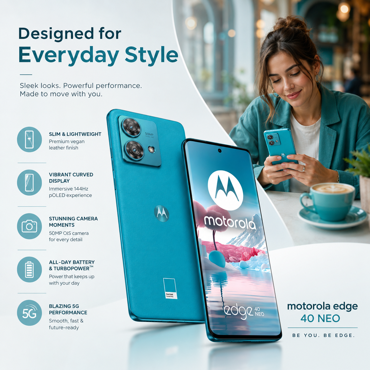 Motorola Edge 40 Neo smartphone in teal held in a hand, front screen visible
