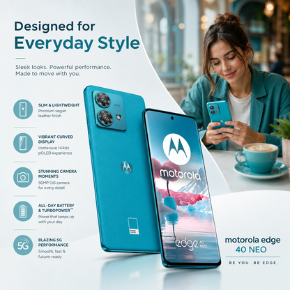 Motorola Edge 40 Neo smartphone in teal held in a hand, front screen visible