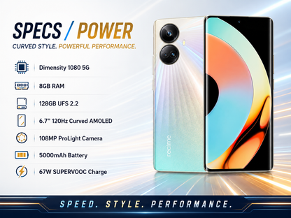 Realme 10 Pro+ 5G Gold Realme smartphone with dual rear cameras and curved AMOLED display, front and back