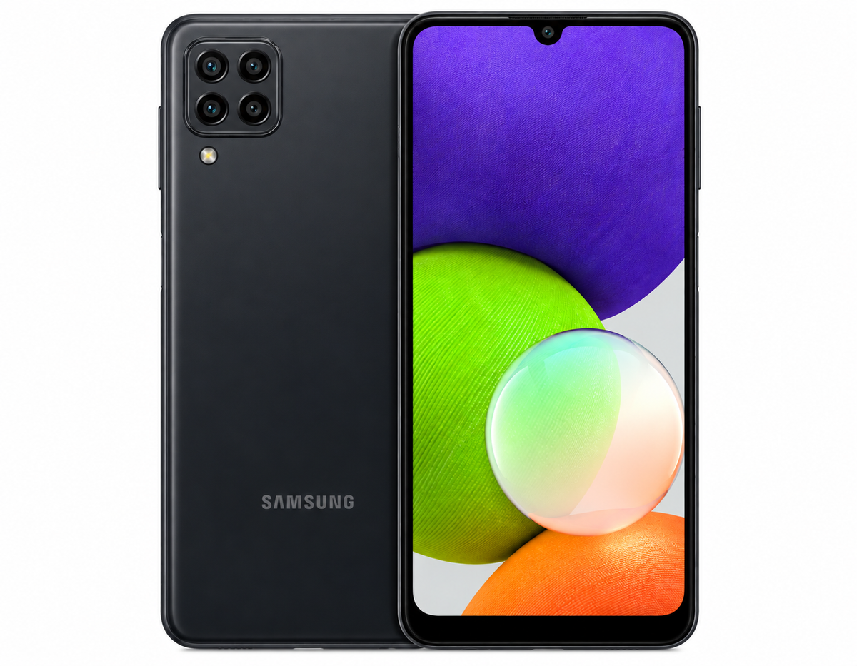 Samsung Galaxy A22 4G Black Samsung Galaxy smartphone with front purple display and rear quad camera