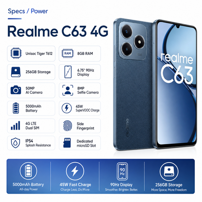 Realme C63 4G Blue smartphone with dual rear cameras and curved edge front display