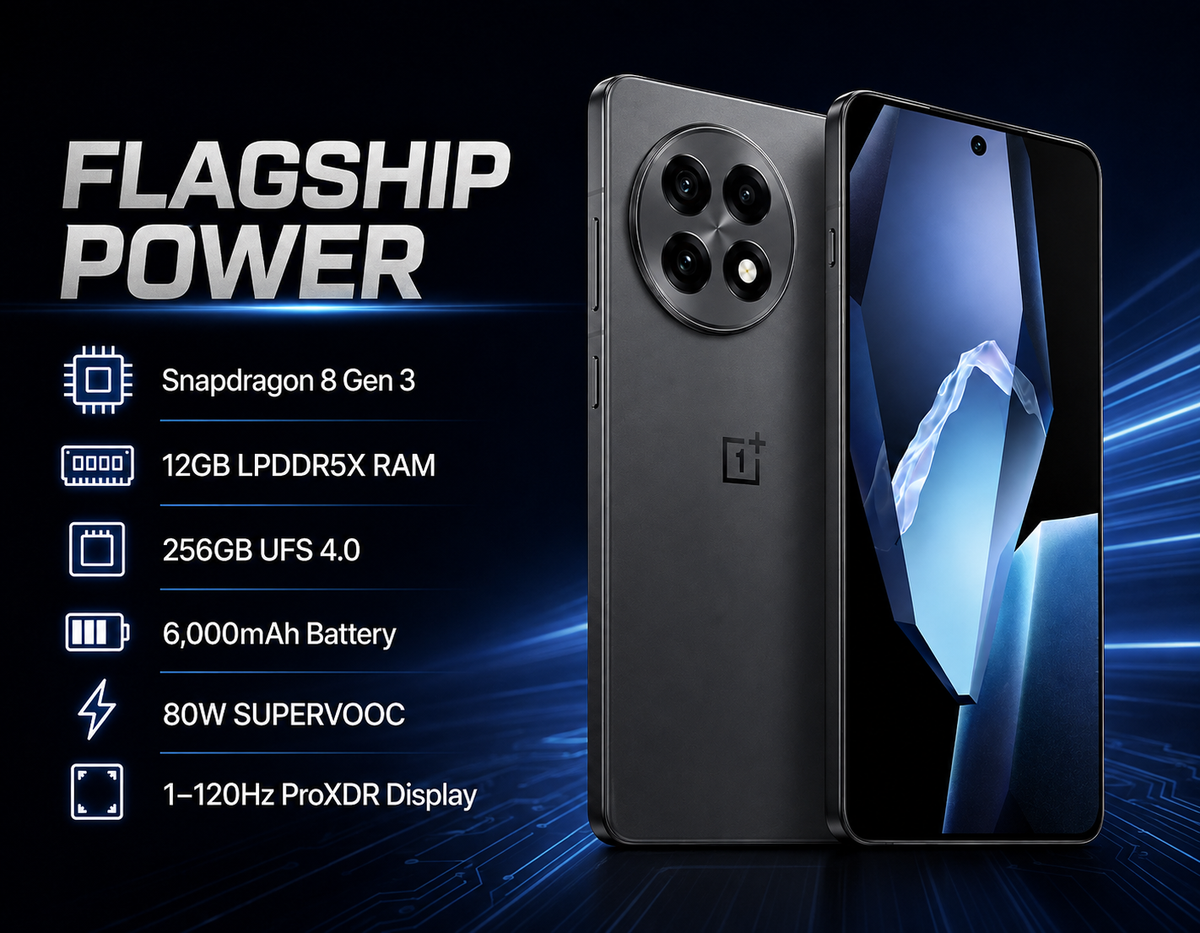 OnePlus 13R 5G Unlocked 5G smartphone in Nebula Noir, back with camera array and front display shown