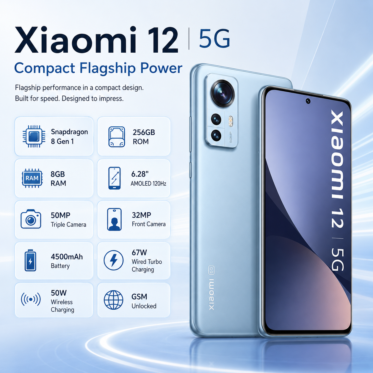 Xiaomi 12 5G Dual SIM 256GB ROM 8GB RAM GSM Unlocked - Blue