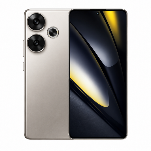 Titanium gray smartphone with dual rear cameras and front display, front/back view