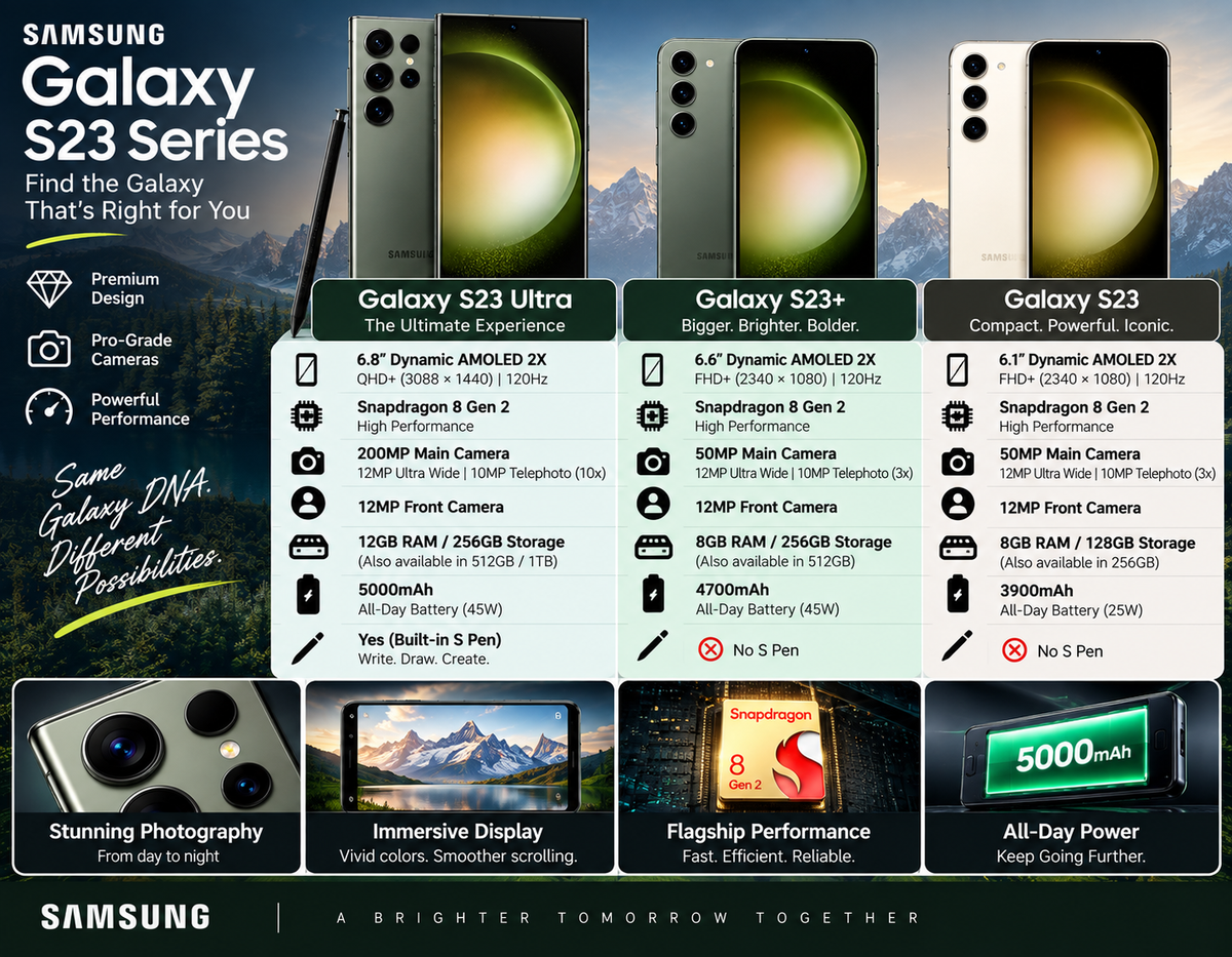 Green Samsung Galaxy S23+ 5G smartphone shown front and back with quad camera array.