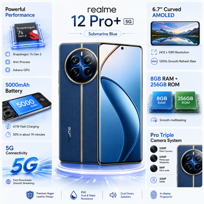 realme 12 Pro+ 5G smartphone, blue front and back with curved screen and cameras