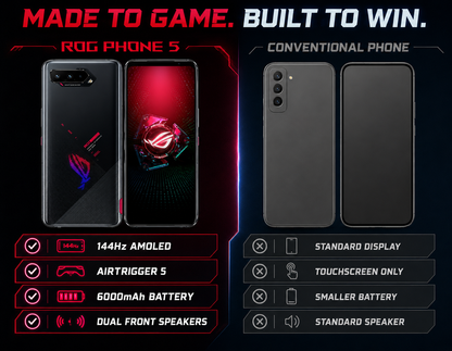 Black gaming smartphone with dual rear cameras; front and back panels shown