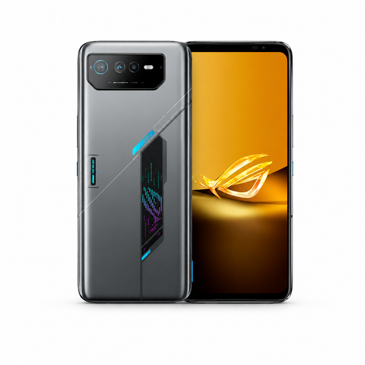 Black ASUS ROG Phone 6D smartphone with dual cameras on the back and orange front display