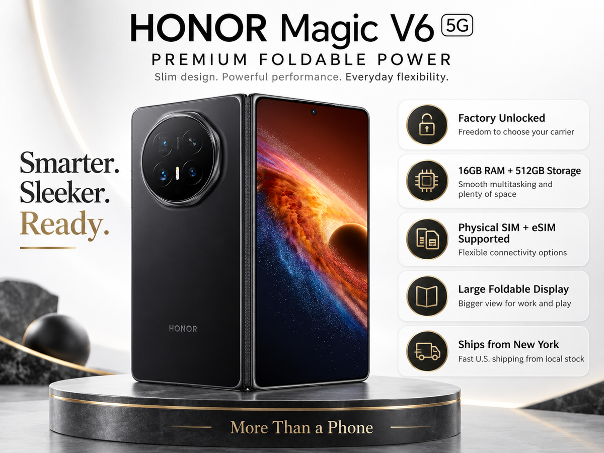 Honor Magic V6 5G Black foldable smartphone on stand, front screen and back visible