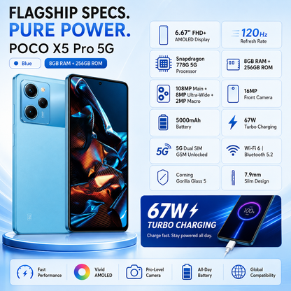 Xiaomi Poco X5 Pro 5G, Dual SIM, 256GB ROM 8GB RAM GSM Unlocked - Blue