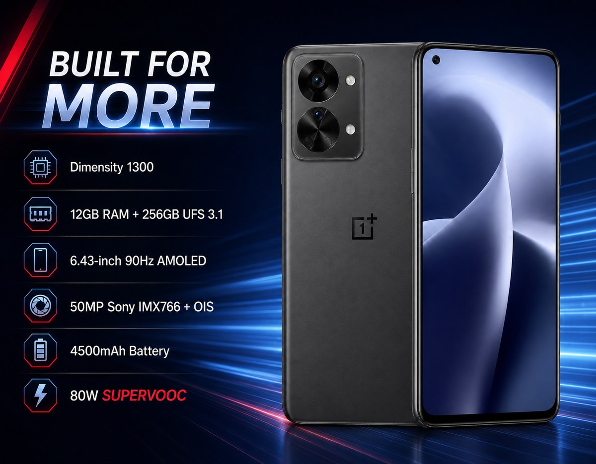Gray OnePlus Nord 2T smartphone front and back, dual rear camera lenses visible