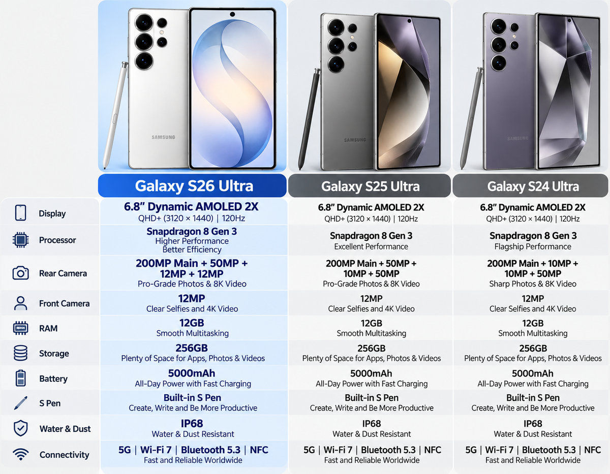Samsung Galaxy S26 Ultra 5G Samsung Galaxy phone and lineup features chart with icons and S Pen