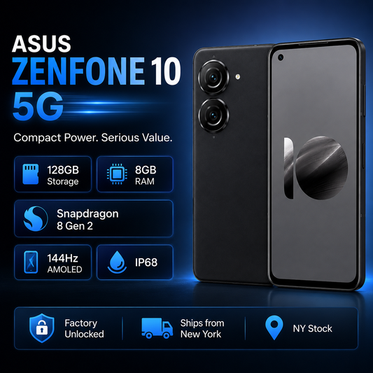 Asus Zenfone 10 AI2302 5G Black dual-camera smartphone with front screen and back panel, front-and-back angle
