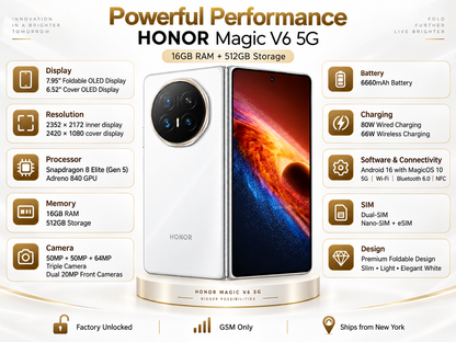 Honor Magic V6 5G White foldable smartphone on stand with front and inner displays