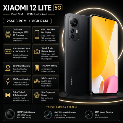 Xiaomi 12 Lite 5G 256GB ROM 8GB RAM Dual SIM GSM Unlocked - Black