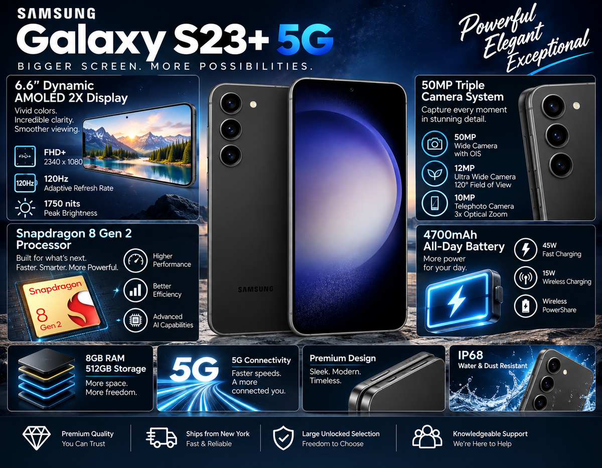Phantom black Galaxy S23+ 5G smartphone with front screen and rear camera module