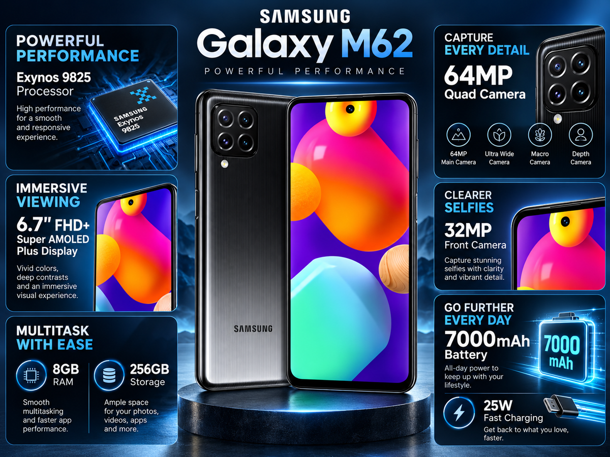 Samsung Galaxy M62 promotional graphic showing phone with 64MP camera and 7000mAh battery