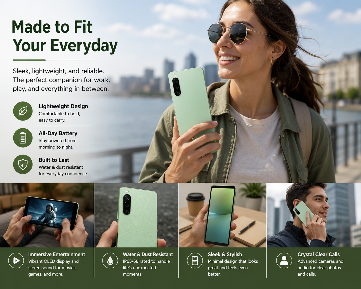 Green Sony Xperia 10 V smartphone in hand, screen facing the user