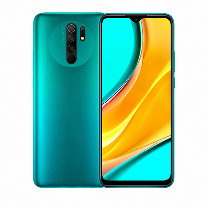 Ocean green unlocked smartphone with dual rear cameras and front notch display.