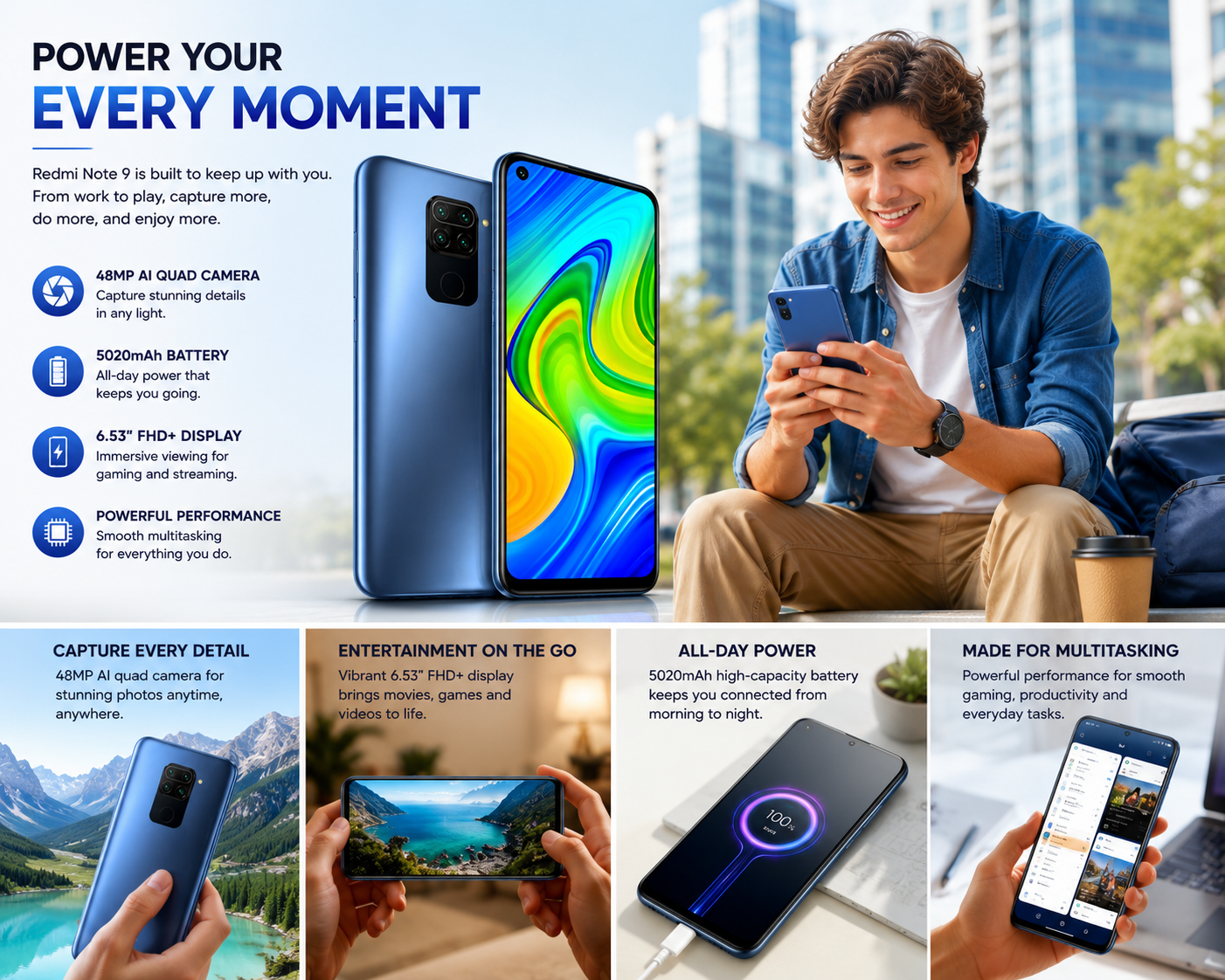 Xiaomi Redmi Note 9 Midnight grey smartphone with bright blue display on-screen