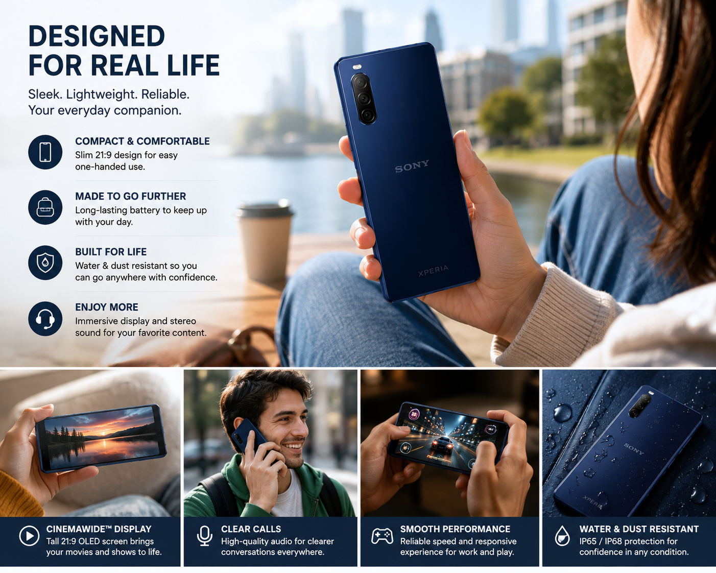 Sony Xperia 10 II XQ-AU52 Blue smartphone held outdoors with display, call quality, and water-resistance icons