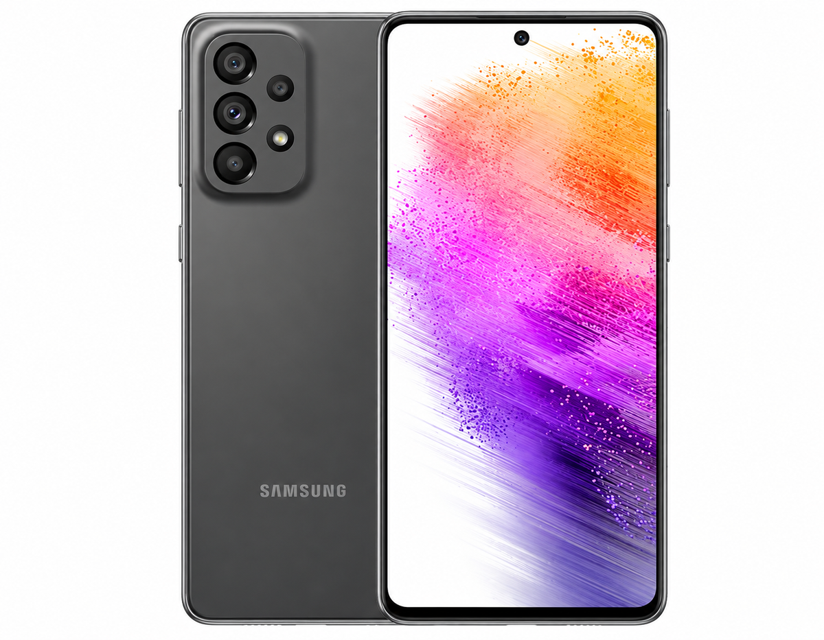 Samsung Galaxy A73 5G  Grey Samsung smartphone showing back with quad cameras and front display.