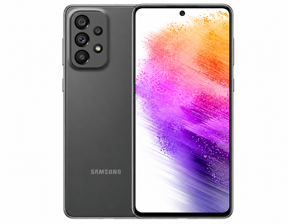 Samsung Galaxy A73 5G  Grey Samsung smartphone showing back with quad cameras and front display.