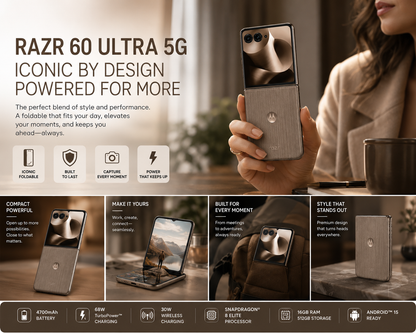 Motorola Razr 60 Ultra 5G foldable phone held open, brown with dual rear cameras