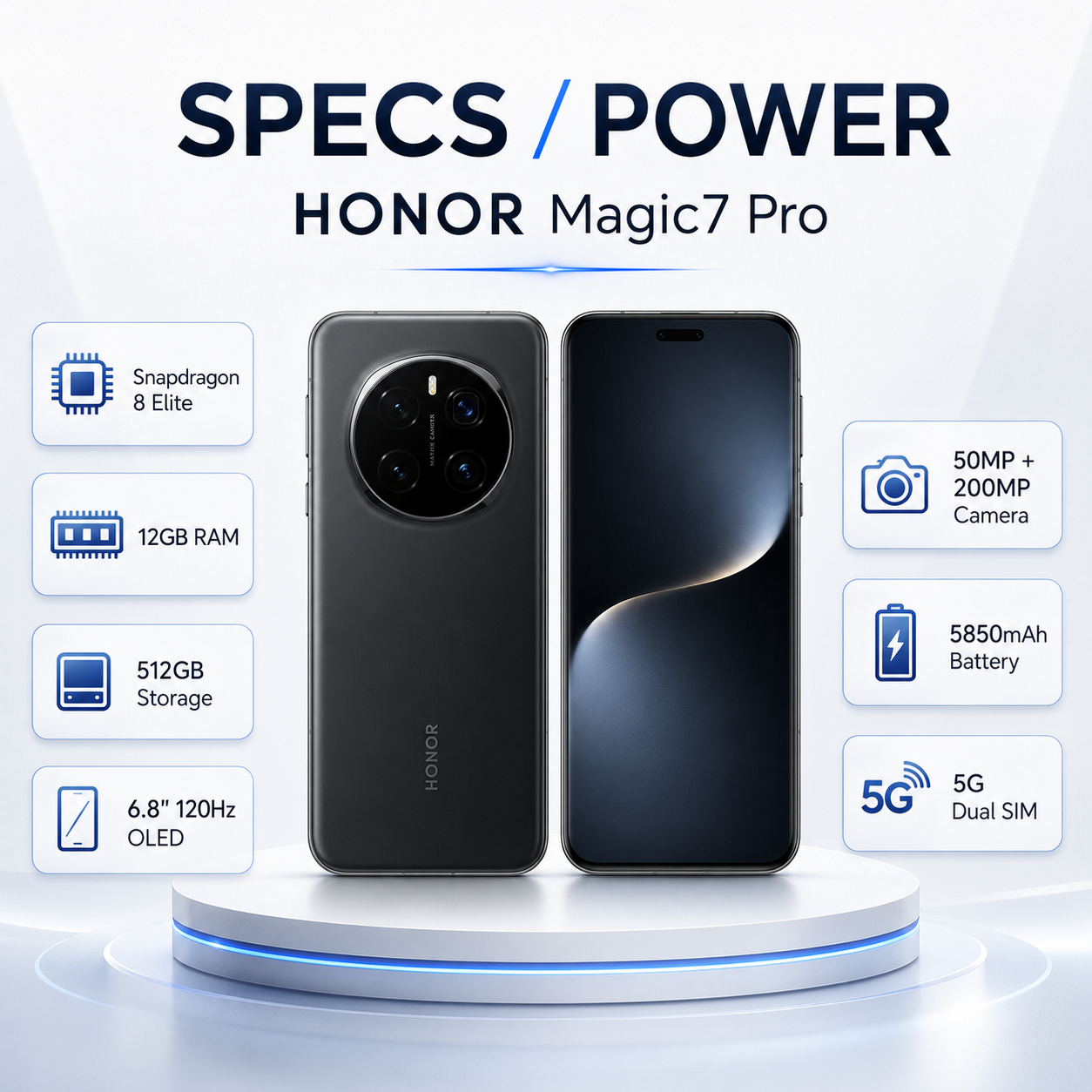 Honor smartphone on pedestal showing quad rear cameras and dark blue front