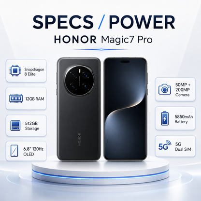 Honor smartphone on pedestal showing quad rear cameras and dark blue front