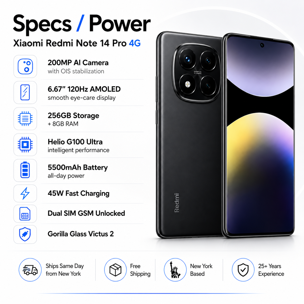 Xiaomi Redmi Note 14 Pro 4G 256GB ROM 8GB RAM Dual SIM GSM Unlocked - Midnight Black