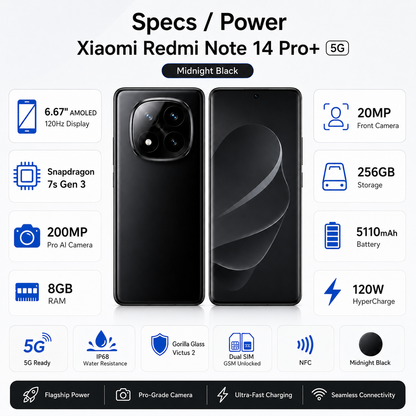 Xiaomi Redmi Note 14 Pro Plus 5G 256GB ROM 8GB RAM Dual SIM GSM Unlocked - Midnight Black
