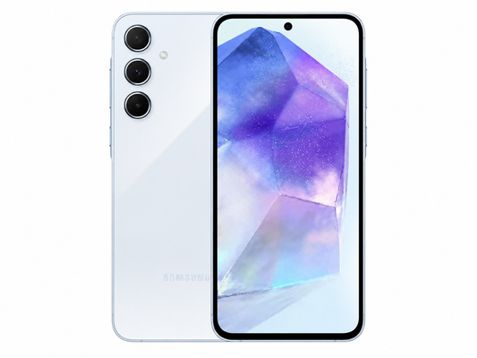 Ice blue Samsung Galaxy A55 5G smartphone with front display and rear camera cluster.
