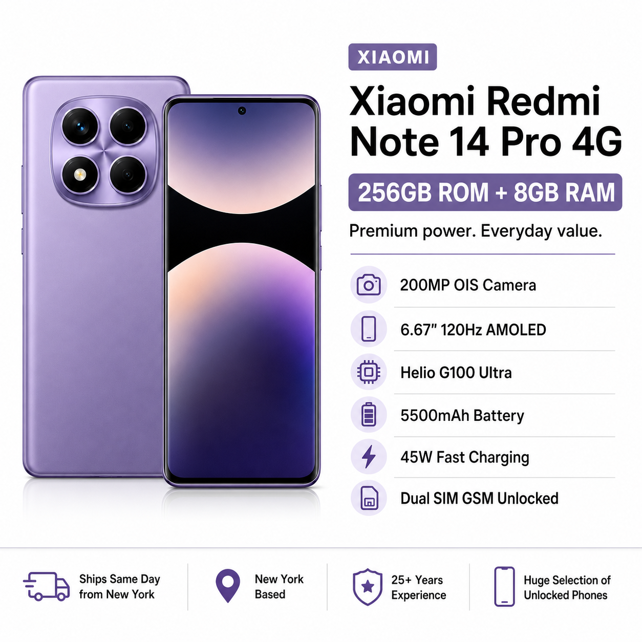 Xiaomi Redmi Note 14 Pro 4G 256GB ROM 8GB RAM Dual SIM GSM Unlocked - Aurora Purple