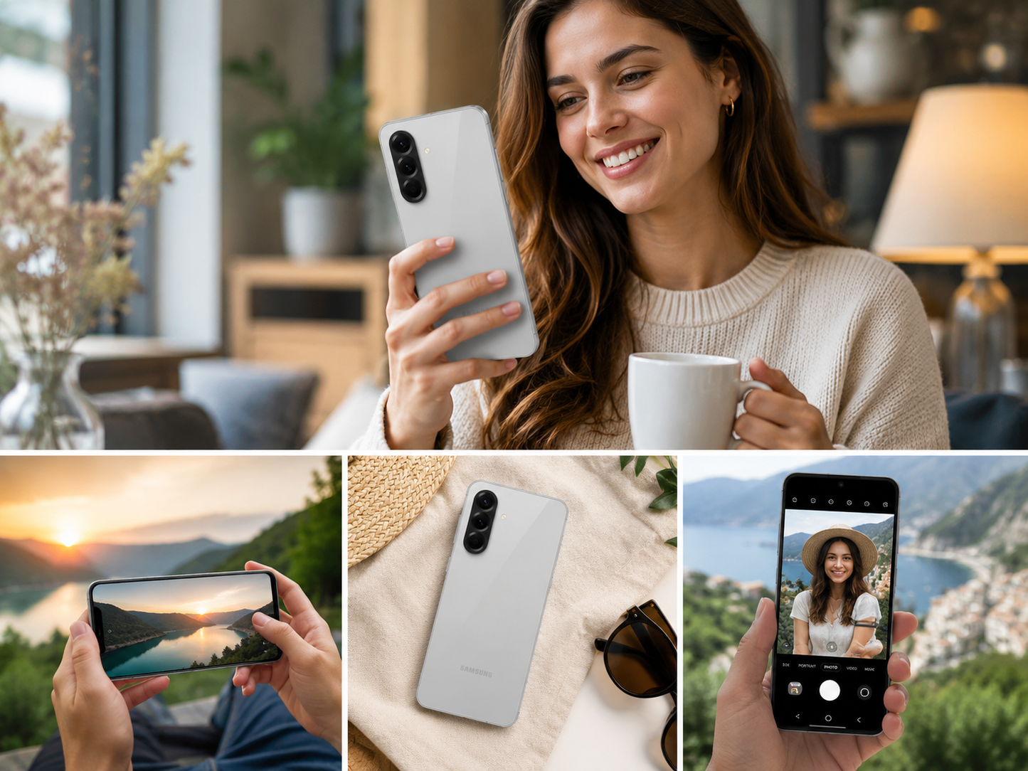 Samsung Galaxy A56 5G gray phone held in hand, rear camera visible