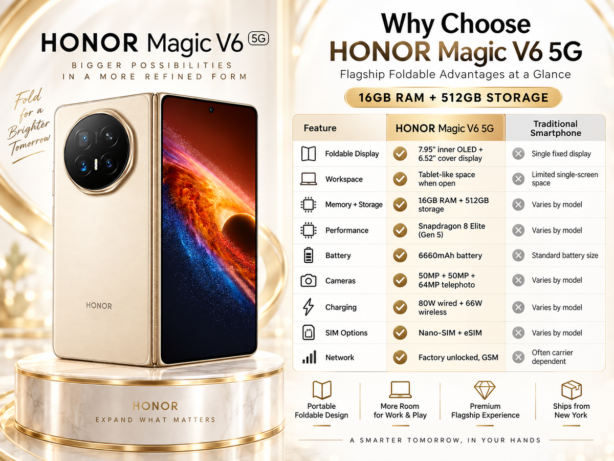 Honor Magic V6 5G Gold foldable smartphone with outer screen and vertical display on stand