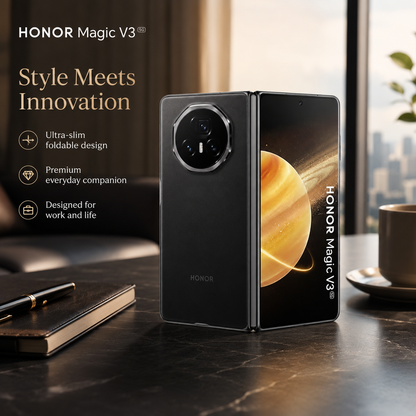 Black foldable smartphone showing inner screen and circular multi-camera module