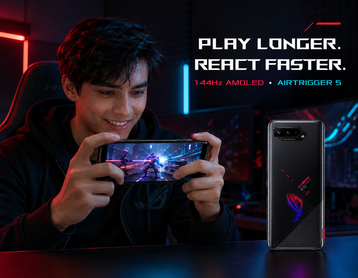 Asus ROG Phone 5 Black gaming smartphone held in hands with screen on, patterned back visible at right