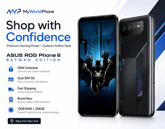 Black ASUS ROG Phone 6 Batman Edition smartphone with dual rear cameras