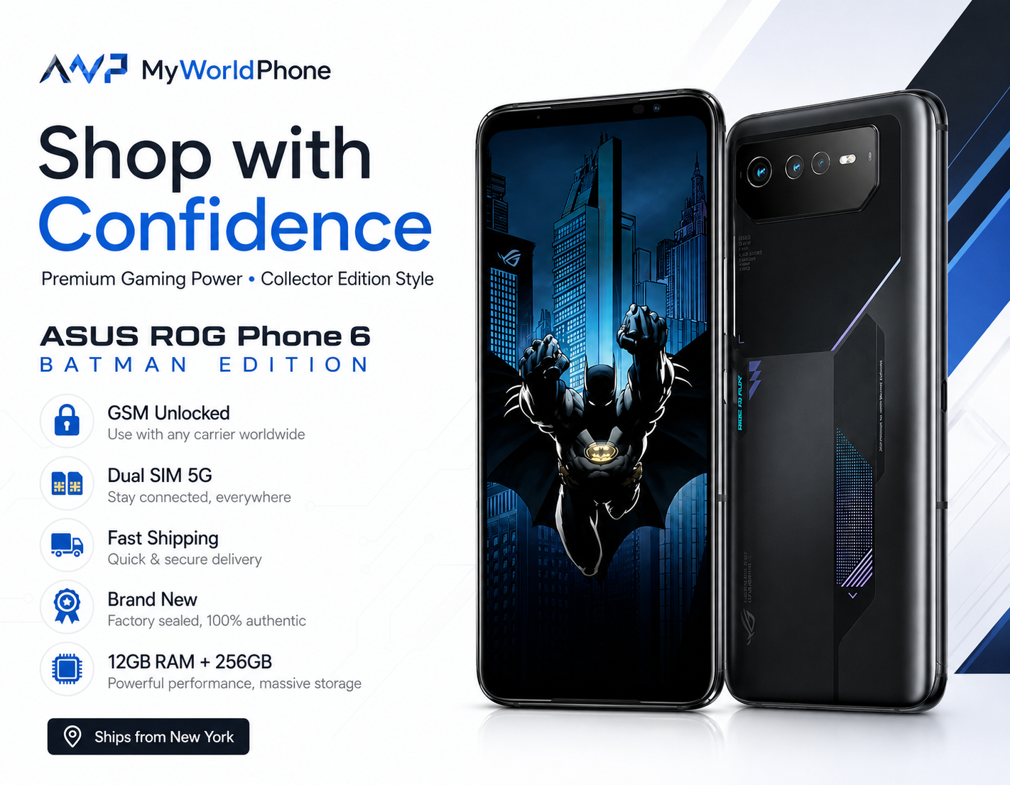 Black ASUS ROG Phone 6 Batman Edition smartphone with dual rear cameras