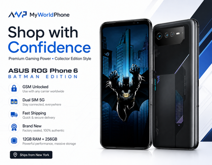 Black ASUS ROG Phone 6 Batman Edition smartphone with dual rear cameras