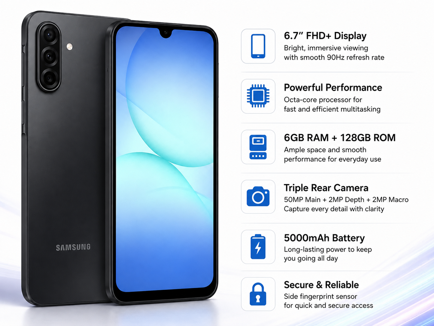 Samsung Galaxy A17 4G  Black Samsung smartphone showing front screen and back camera module.