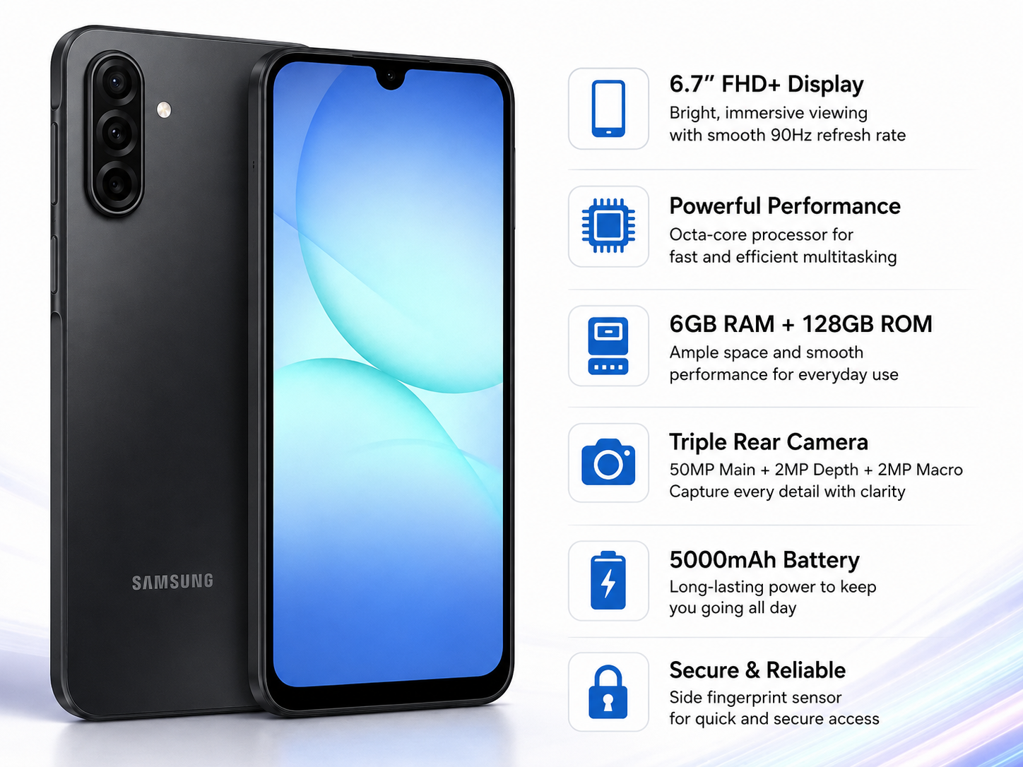 Samsung Galaxy A17 4G  Black Samsung smartphone showing front screen and back camera module.